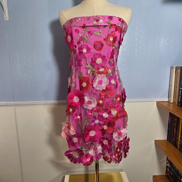 Altar'd State Large Bright Pink Floral 3D Crochet Lace Overlayed Strapless Dress - Picture 1 of 12